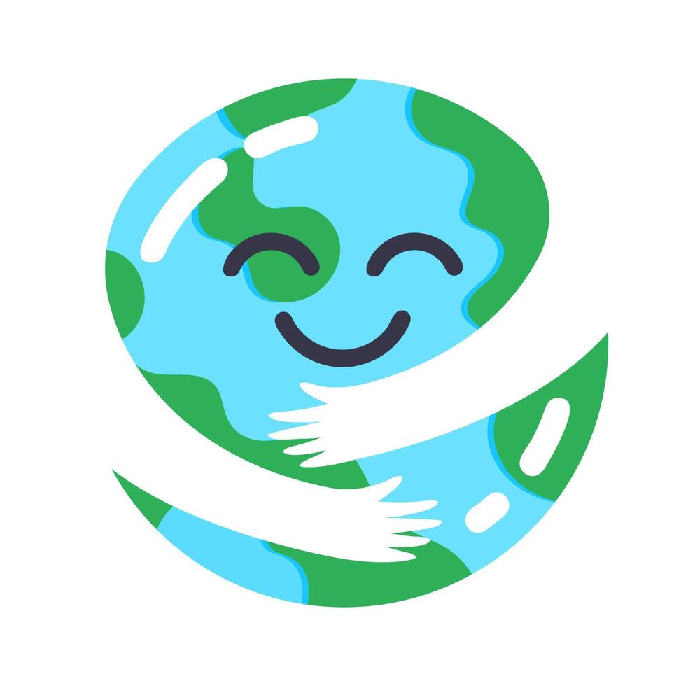 Earth caring. Cute planet mascot hugs himself, ecology concept, protect and take care nature. Cute globe character illustration vector