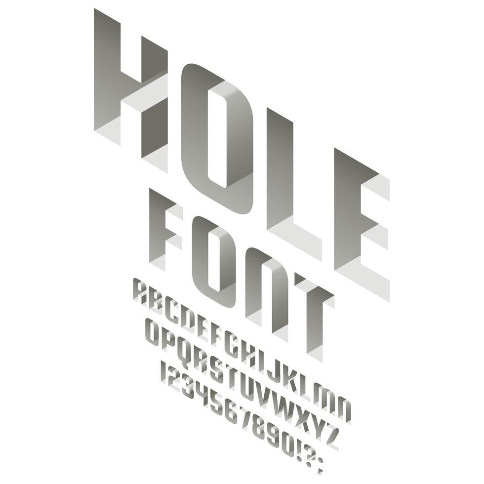 Isometric hole alphabet. Deep into surface 3d font, letters and numbers. Typography latin abc lettering symbols set vector