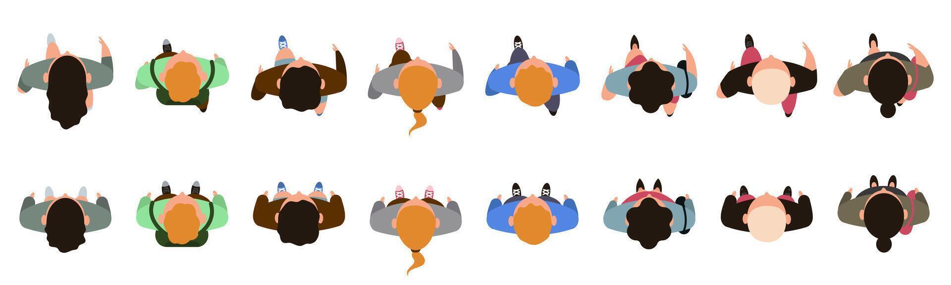 Top view people characters. Men and women character walking animation, people view from above. Male and female people walk illustration set vector