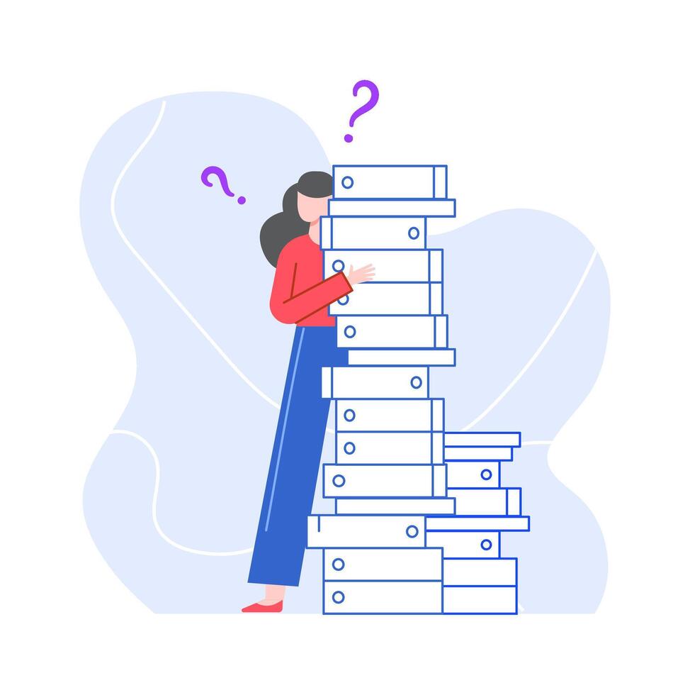 Puzzled and pensive woman with stack of folders vector