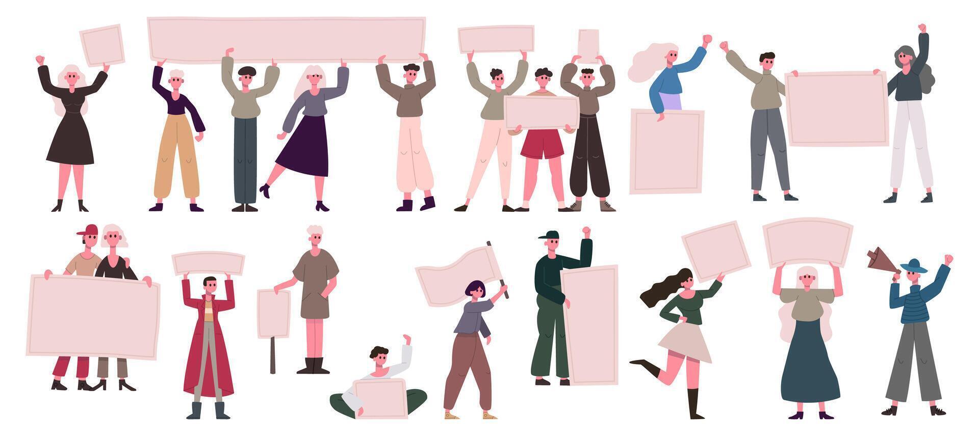 Protest people crowd. Manifesting activists male and female characters holding blank banners. Diverse protesting group illustration set vector