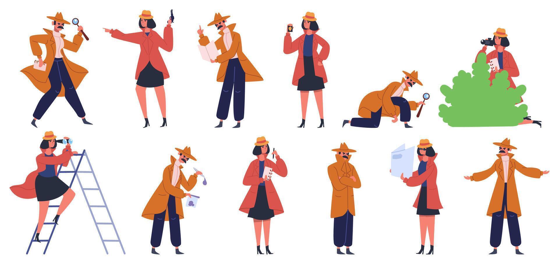 Detective character. Male and female private detectives and inspectors investigate crime and look for evidence. Police detectives illustration set vector