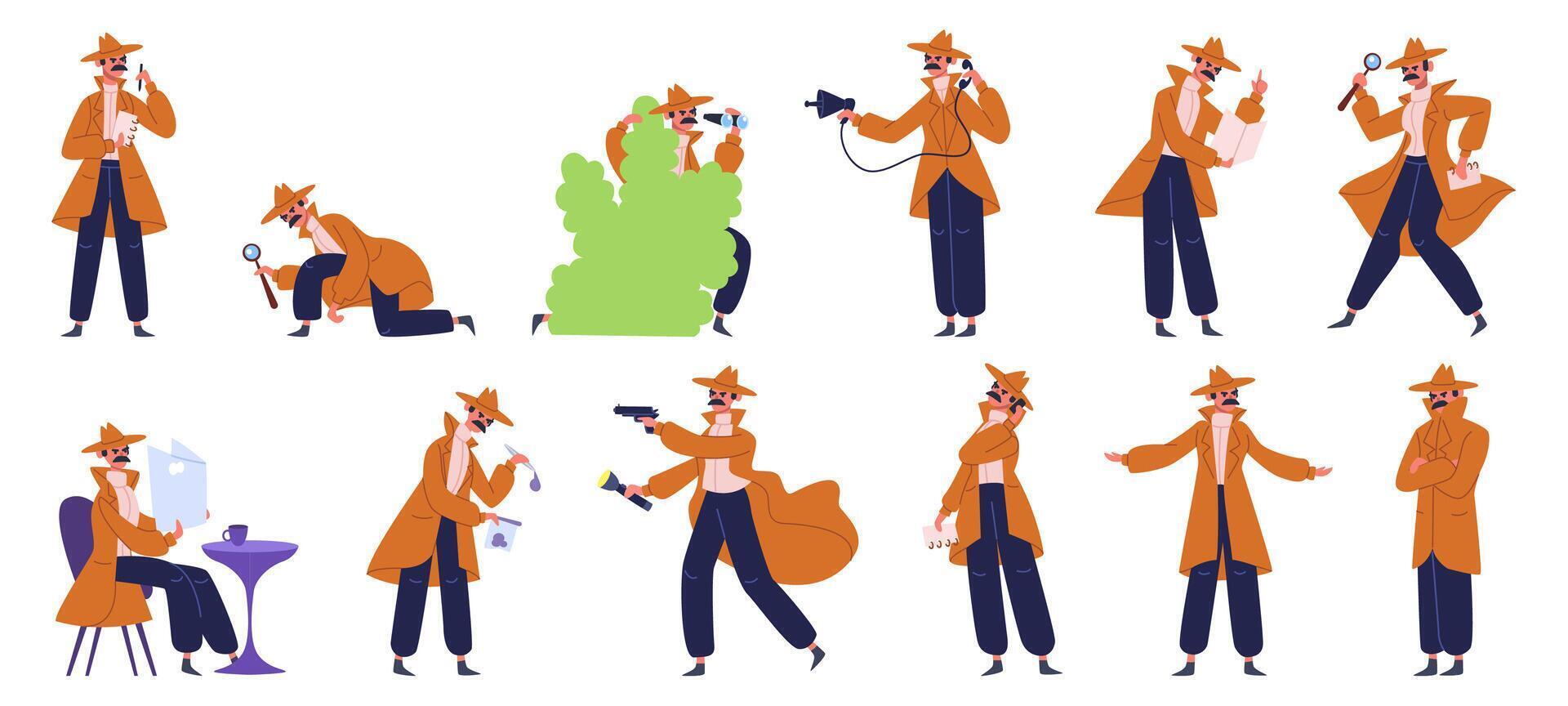 Private detective. Crime investigation detective inspector, spy male character evidence detect. Detective at work illustration set vector