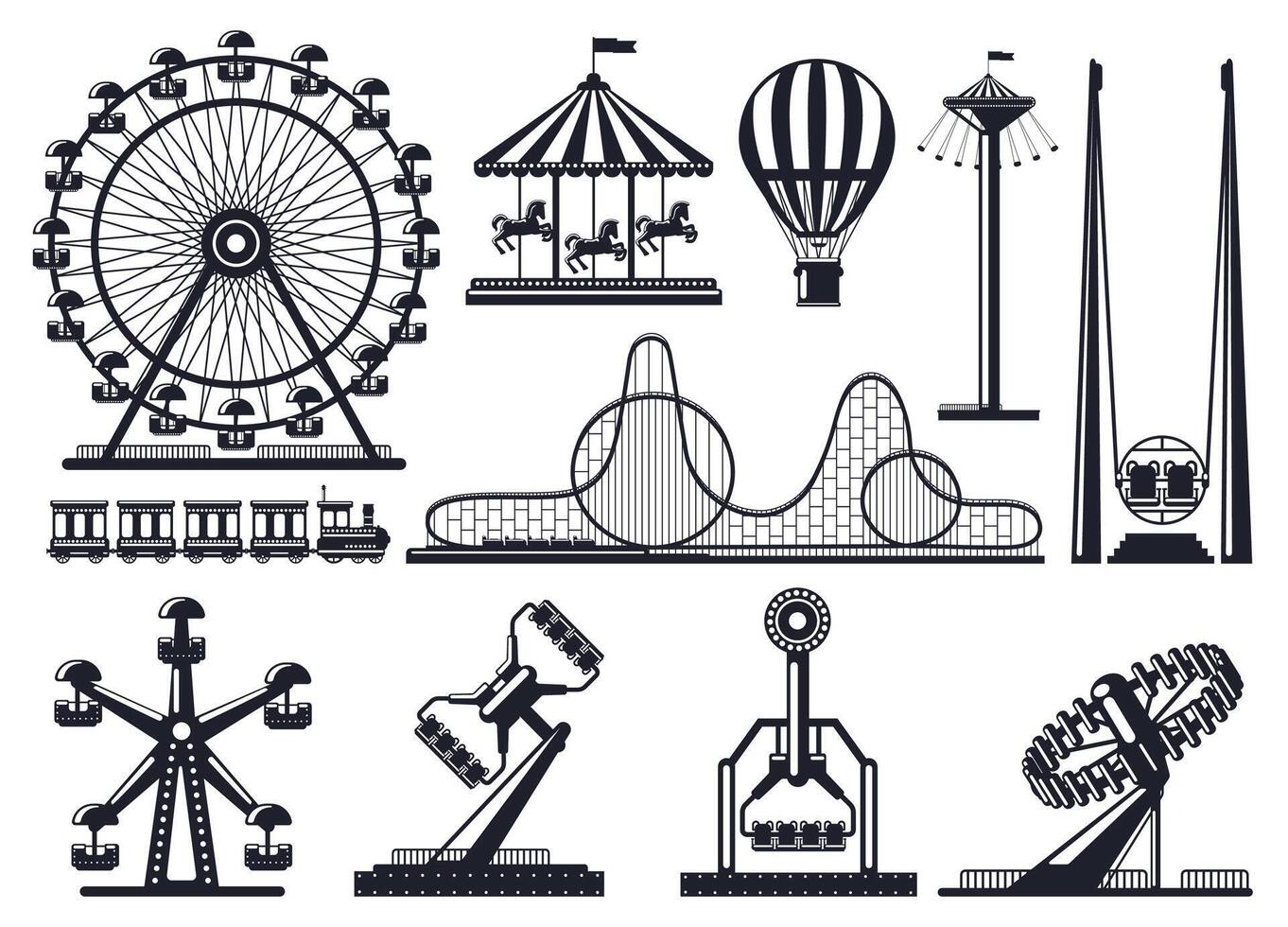 Amusement park silhouette. Attractions festive park carousel and ferris wheel. Carnival park attractions silhouettes illustration set vector