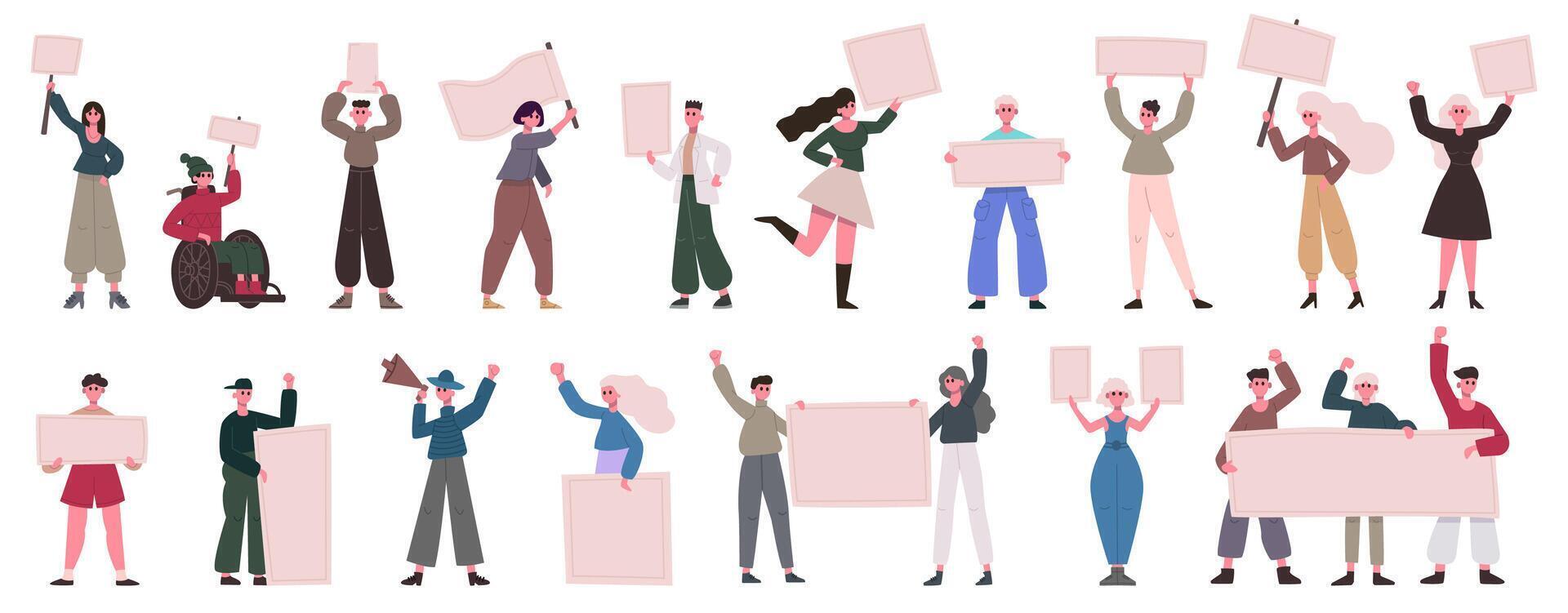 Protesting activists. People crowd hold banners, male and female manifesting activists. Political meeting and demonstration illustration set vector