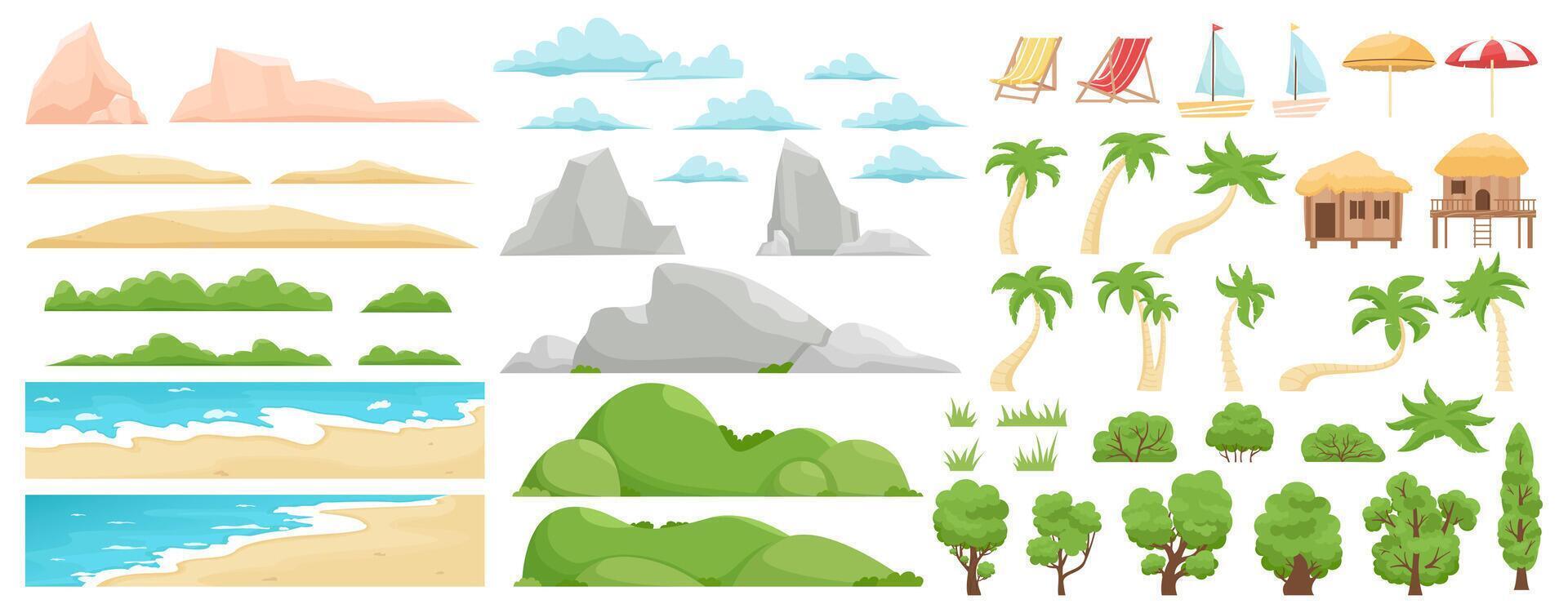Beach landscape elements. Nature beach, clouds, hills, mountains, trees and palms. Outdoor tropical beach landscape constructor illustration vector