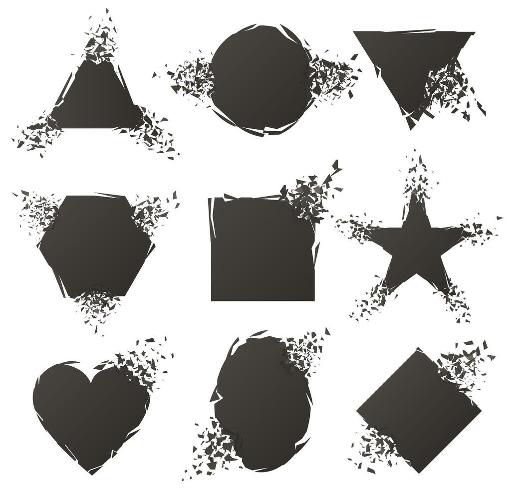 Explosion frames. Abstract destruction shapes, shattered texture texture banners. Broken exploded geometric figures illustration set vector