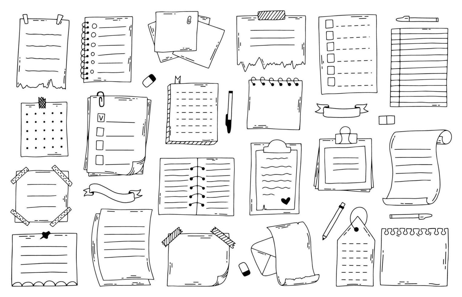 Hand drawn doodle paper notes. Sketch notebook, list, planner and diary, bullet journal paper sheets. Doodle notes illustration set vector