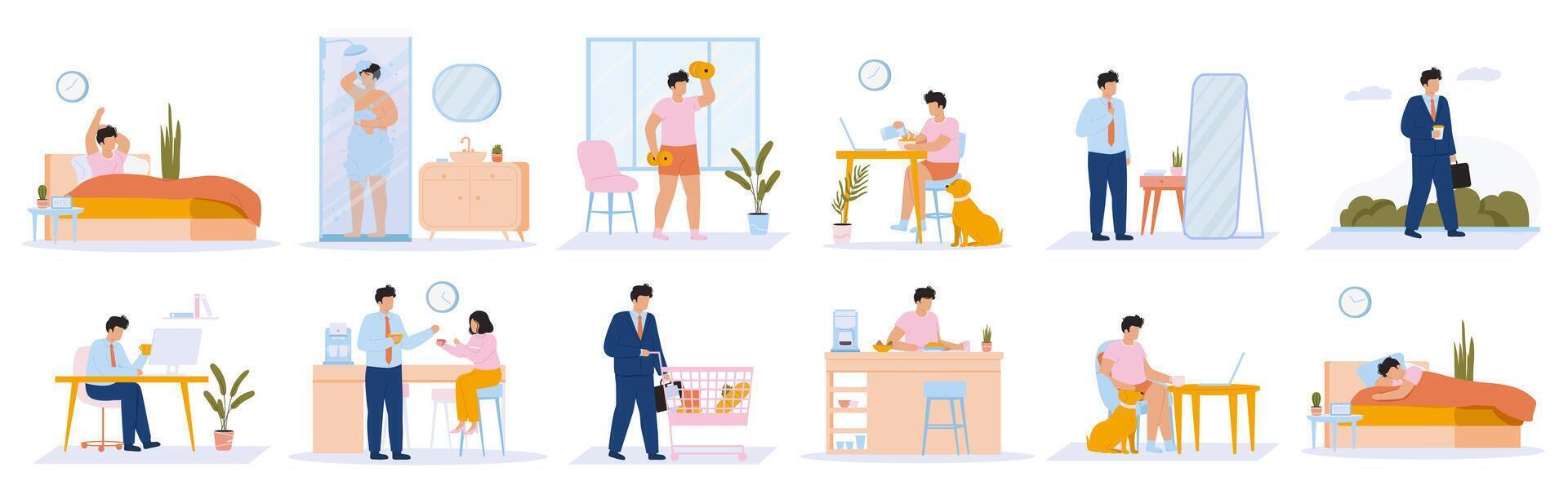 Daily man routine. Young guy everyday leisure and work activities, eating, working, sleeping. Everyday schedule man life scenes illustration set vector
