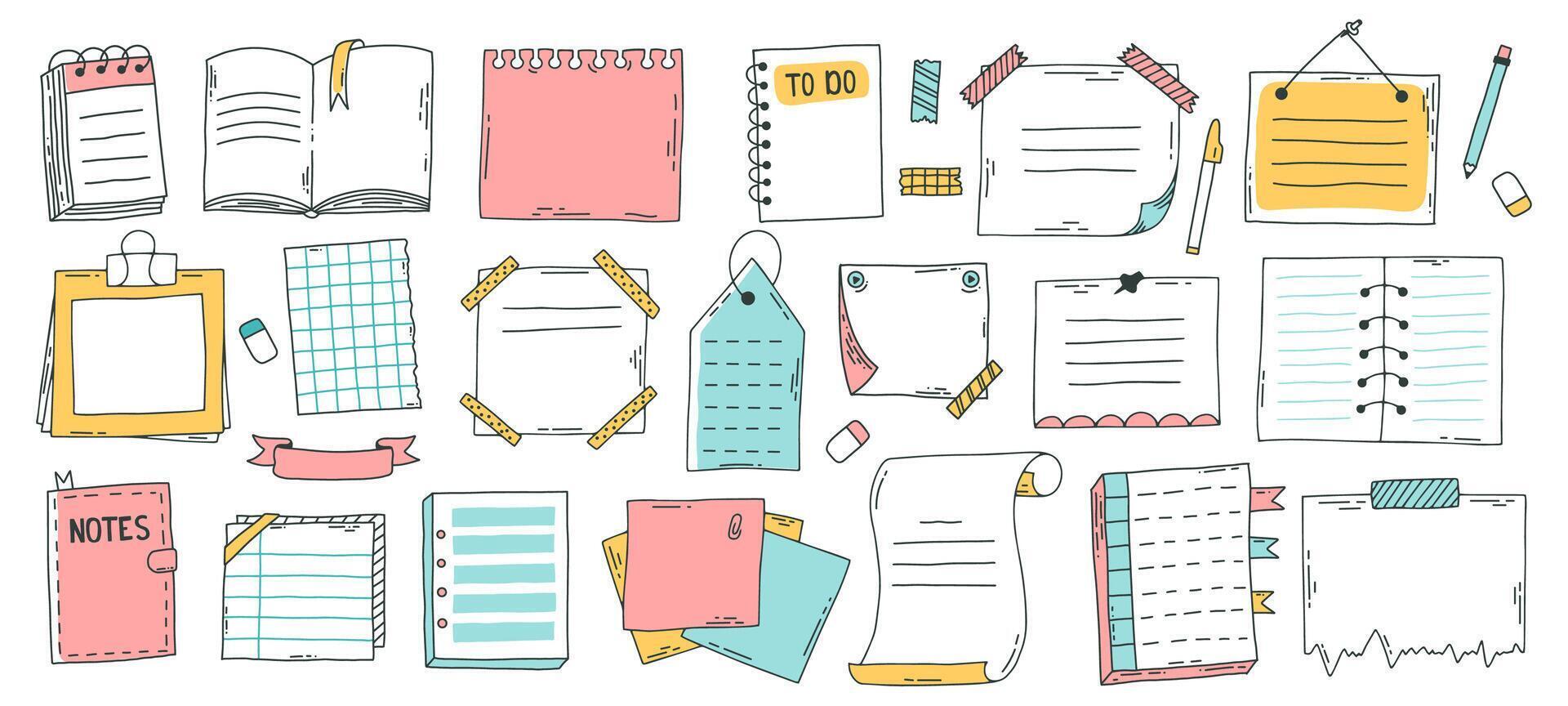 Doodle paper sheet. Hand drawn sketch notebook, bullet journal sheets, sticky note and notepad page. Sketch doodle sheets illustration set vector