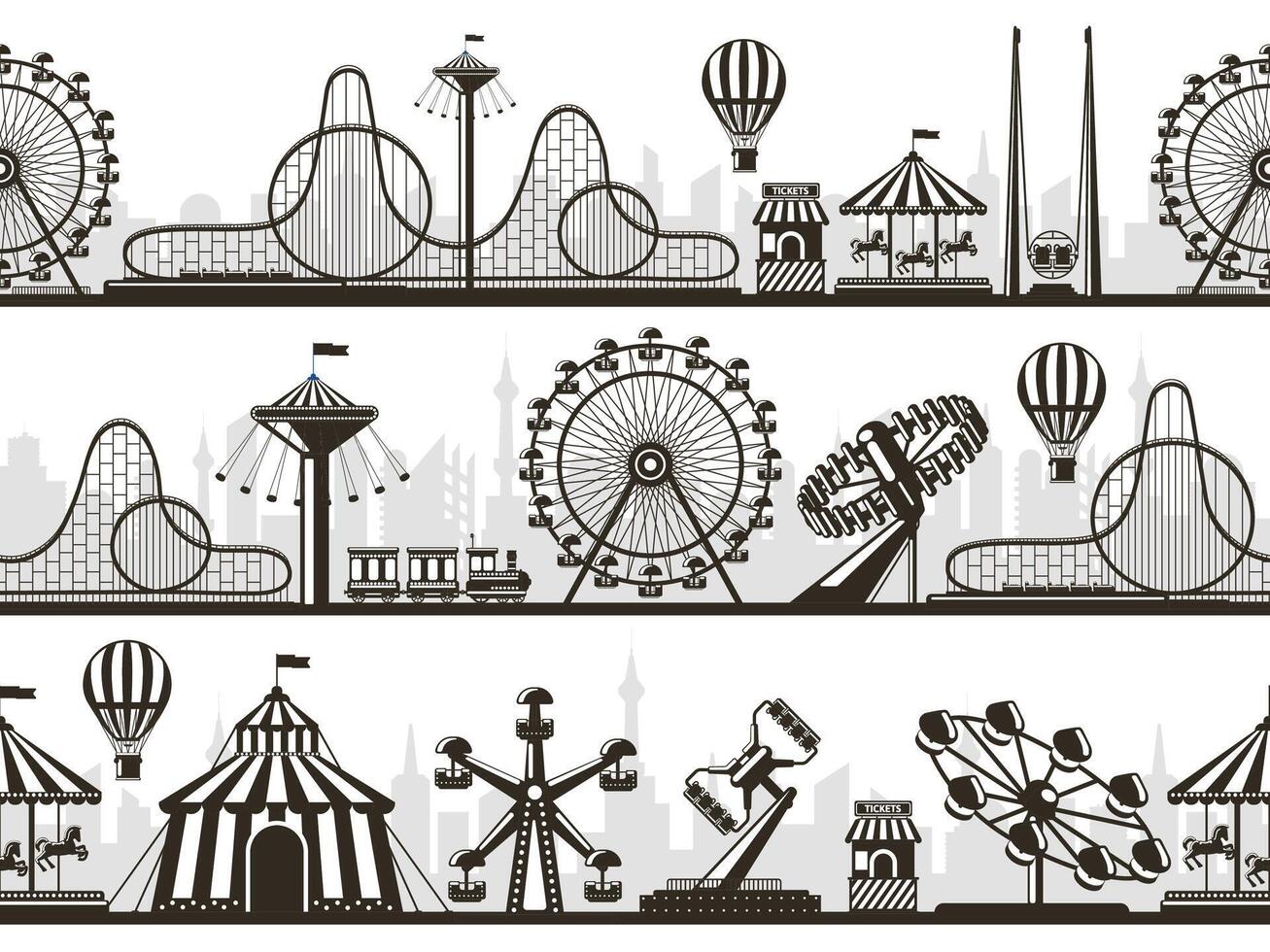 Amusement park views. Attractions park landscape silhouettes with ferris wheel and roller coaster. Entertainment park silhouette illustration set vector