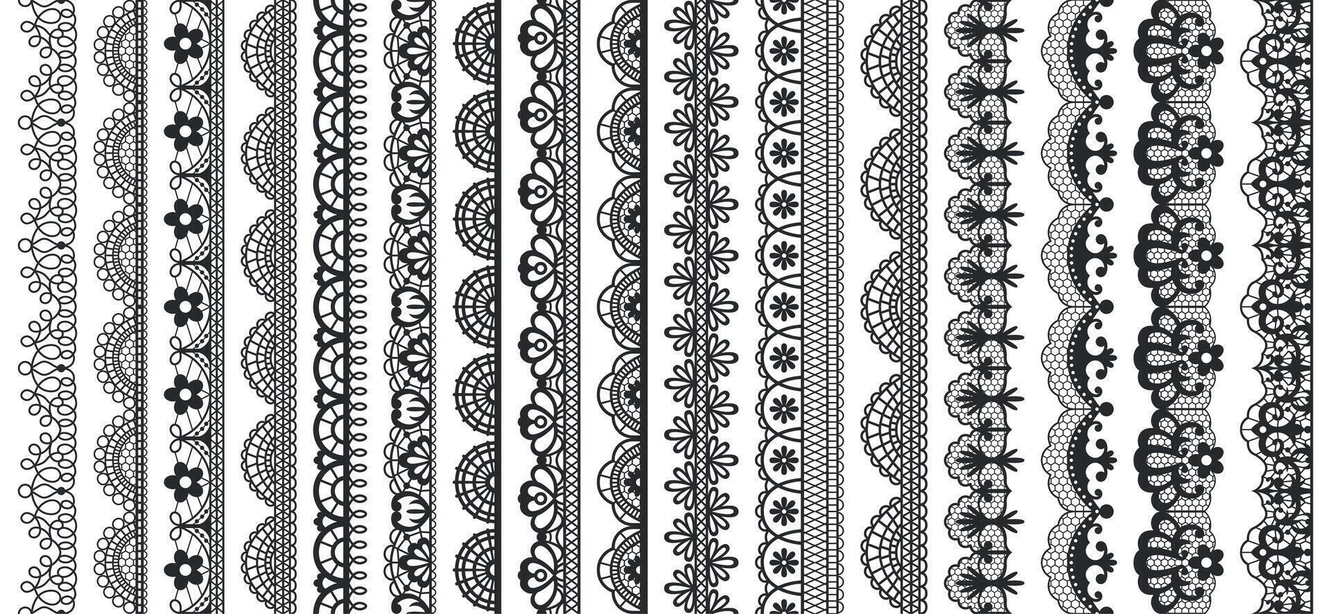 Lace pattern elements. Vintage seamless figured lace borders, beautiful wedding lace decoration. Black lace borders illustration set vector