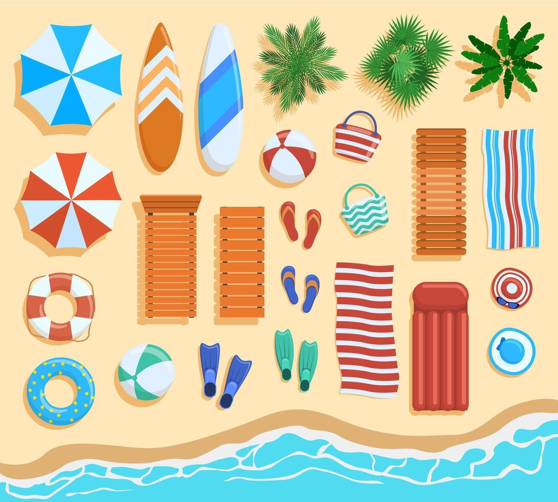 Beach elements top view. Sandy beach elements, tropical palms, chairs, umbrellas view from above. Ocean beach coastline objects illustration vector