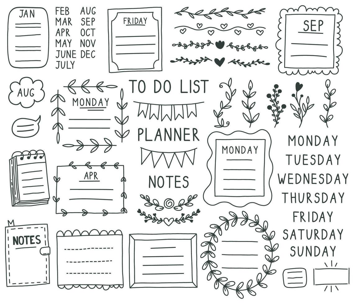 Bullet journal elements. Hand drawn doodle notebook bullets, notebook, schedule calendar. Doodle bullet journal paper frames illustration set vector