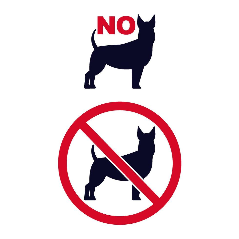 No dogs signs. Pet forbidden icons with dogs silhouette set. Red crossed circle with pet restriction. Entry warning vector