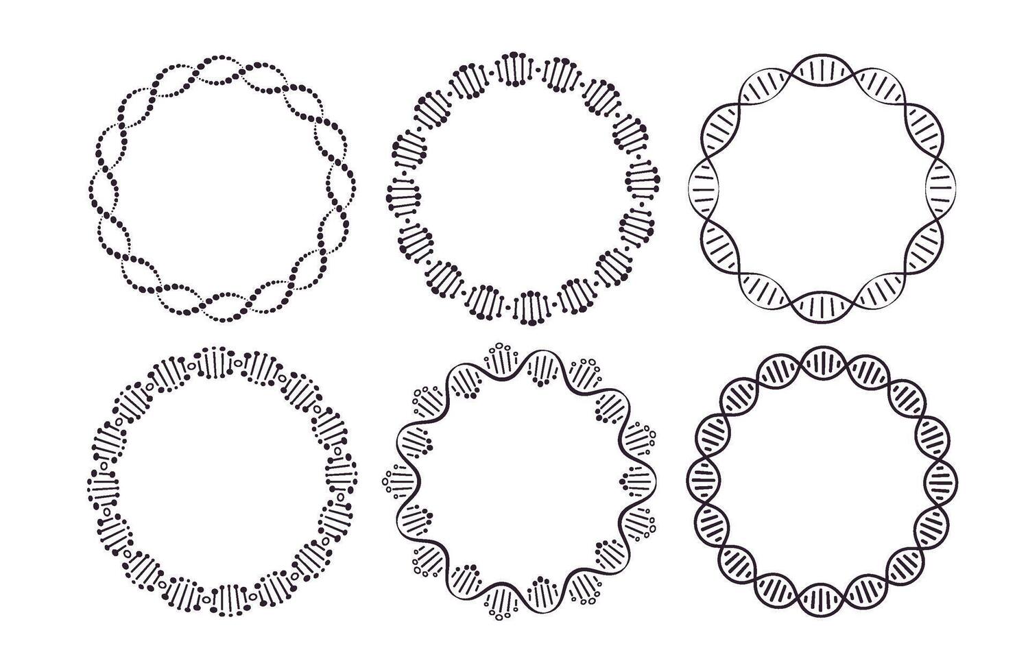 DNA round frames. Circle framing with genome helix structure isolated on white background set. Six pattern brushes in panel vector