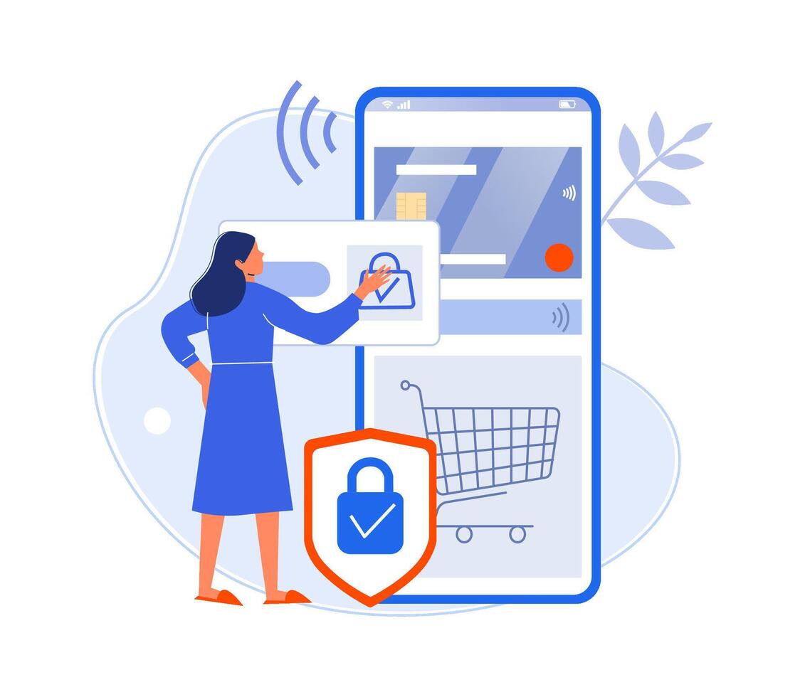 Lady pay for purchase use credit card in smartphone vector
