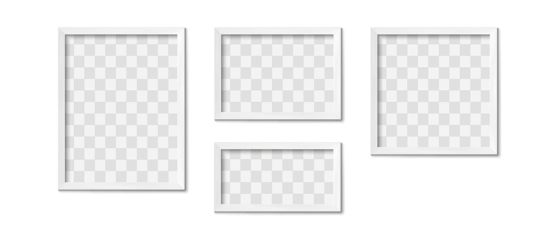 White picture frames. Empty gray simple image square border with shadow on gallery wall. Isolated photo framing design realistic 3D template vector