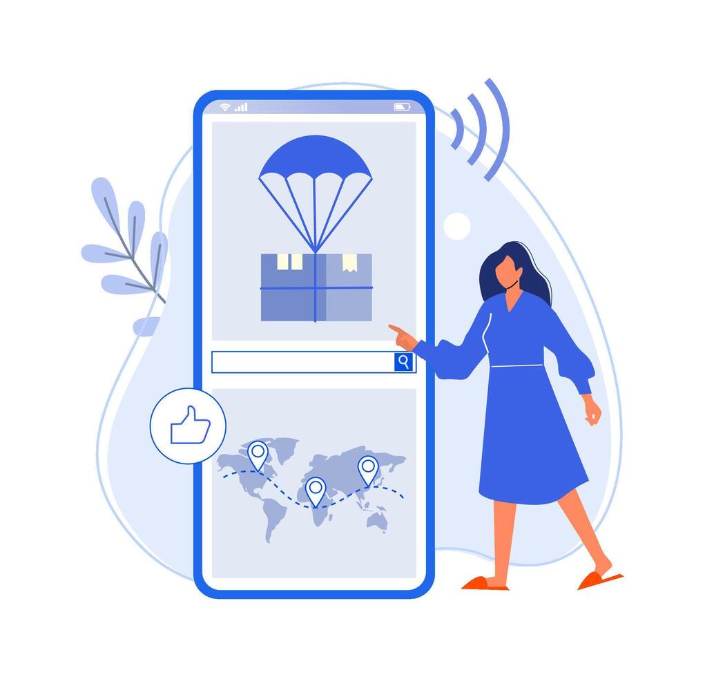 Track parcel delivery on world map smartphone vector