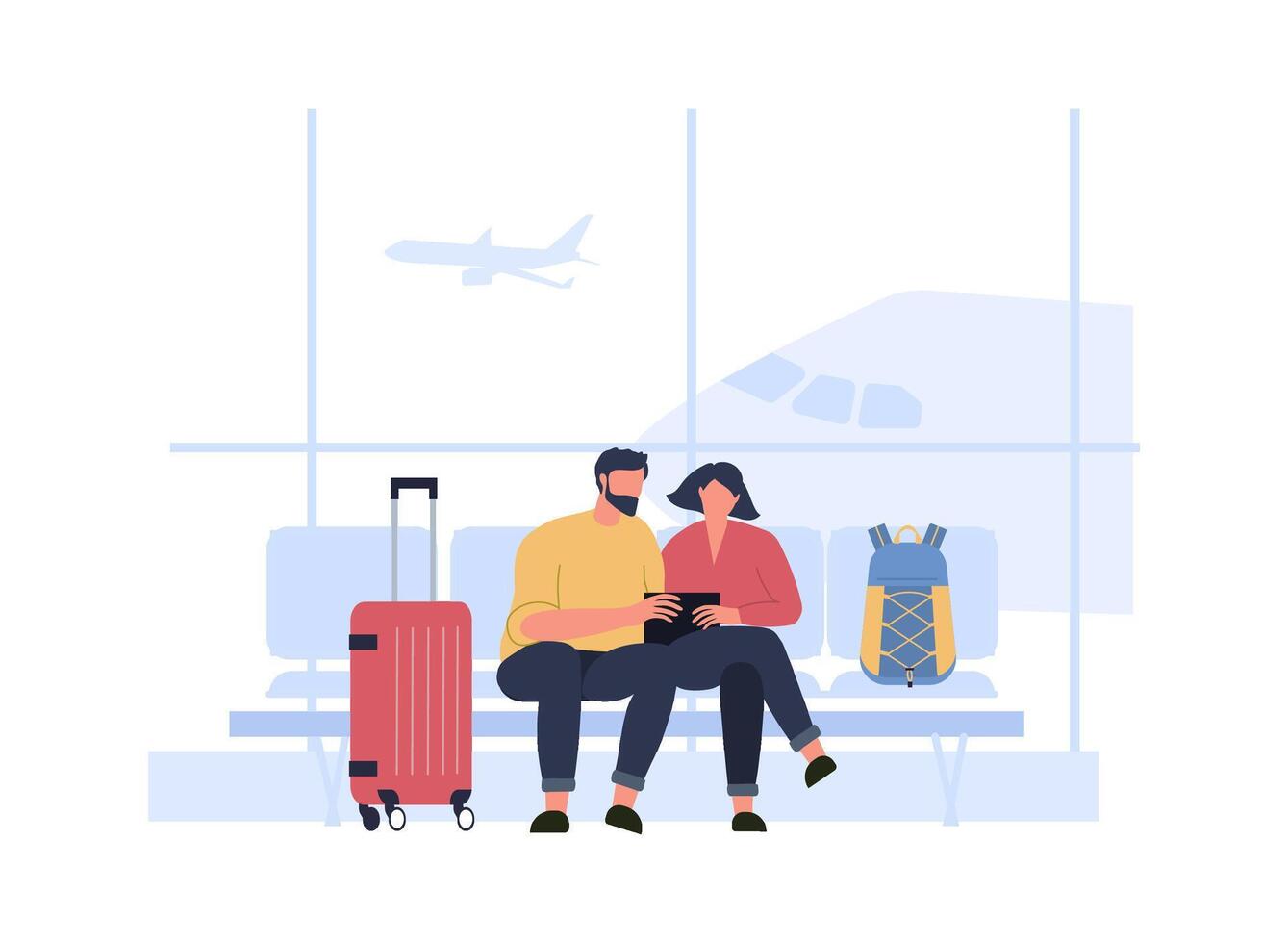 People wait boarding in airport terminal hall vector