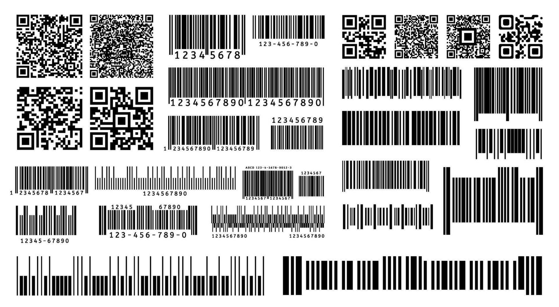 Bar code. Product barcodes and QR codes for digital laser scanning on packaging. Isolated template vector
