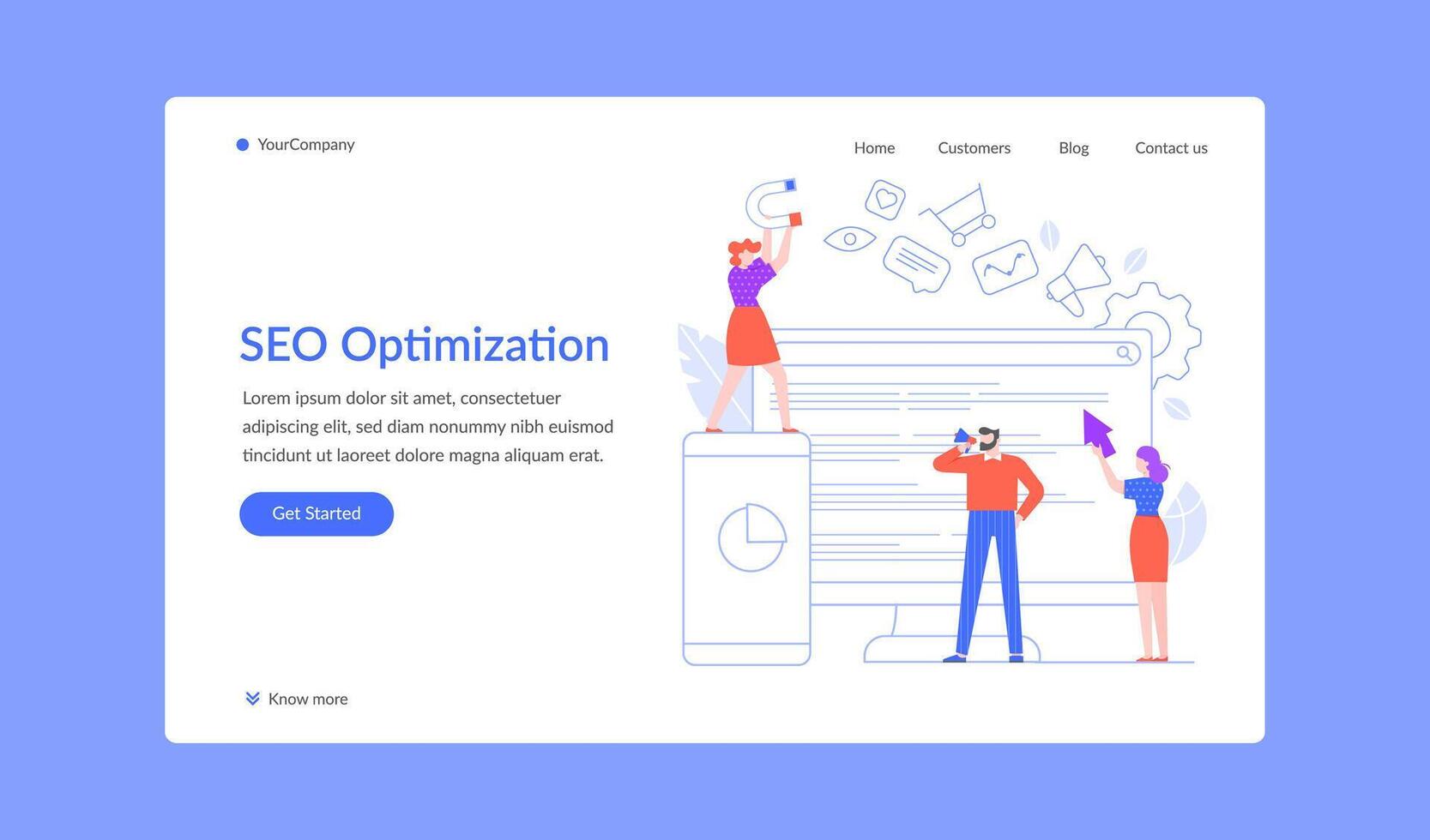 SEO optimization landing page, team work with content vector