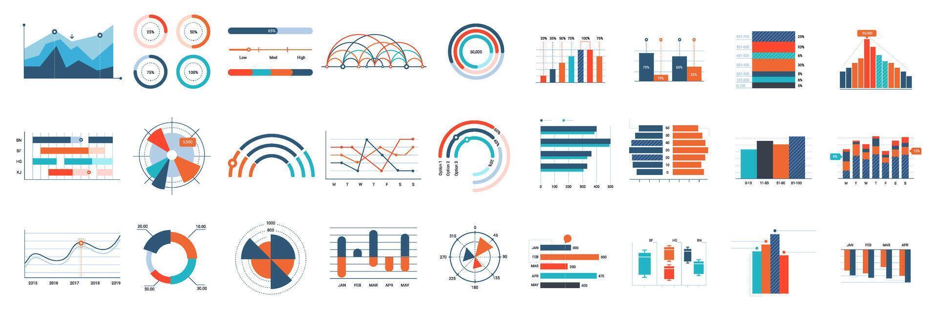 Infographics charts. Business diagrams, graphs and flowchart for workflow progress process. Finance annual report elements vector