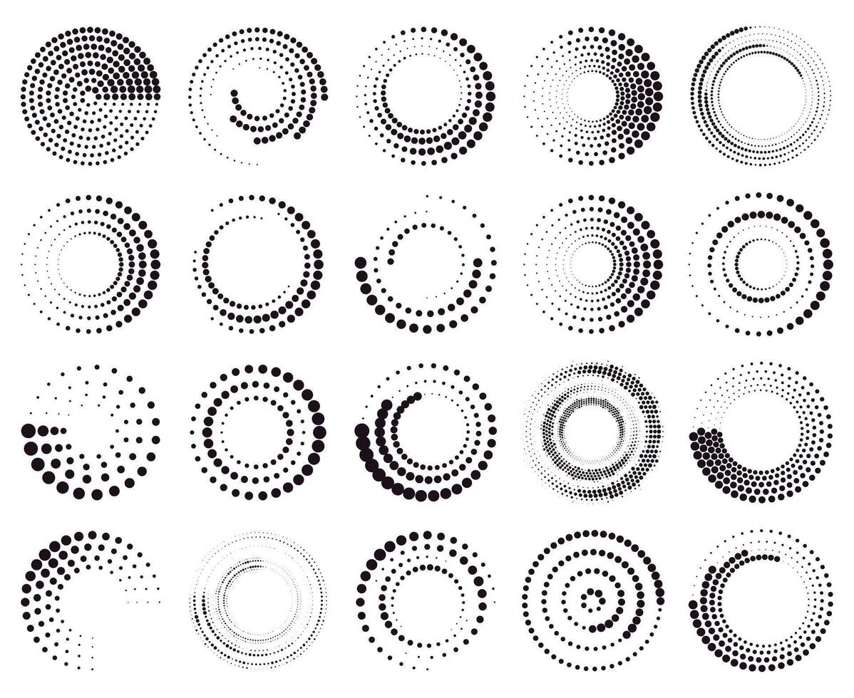 Circle dotted speed lines. Abstract round halftone circle frames, rotating dotted circle shapes. Halftone round elements illustration set vector