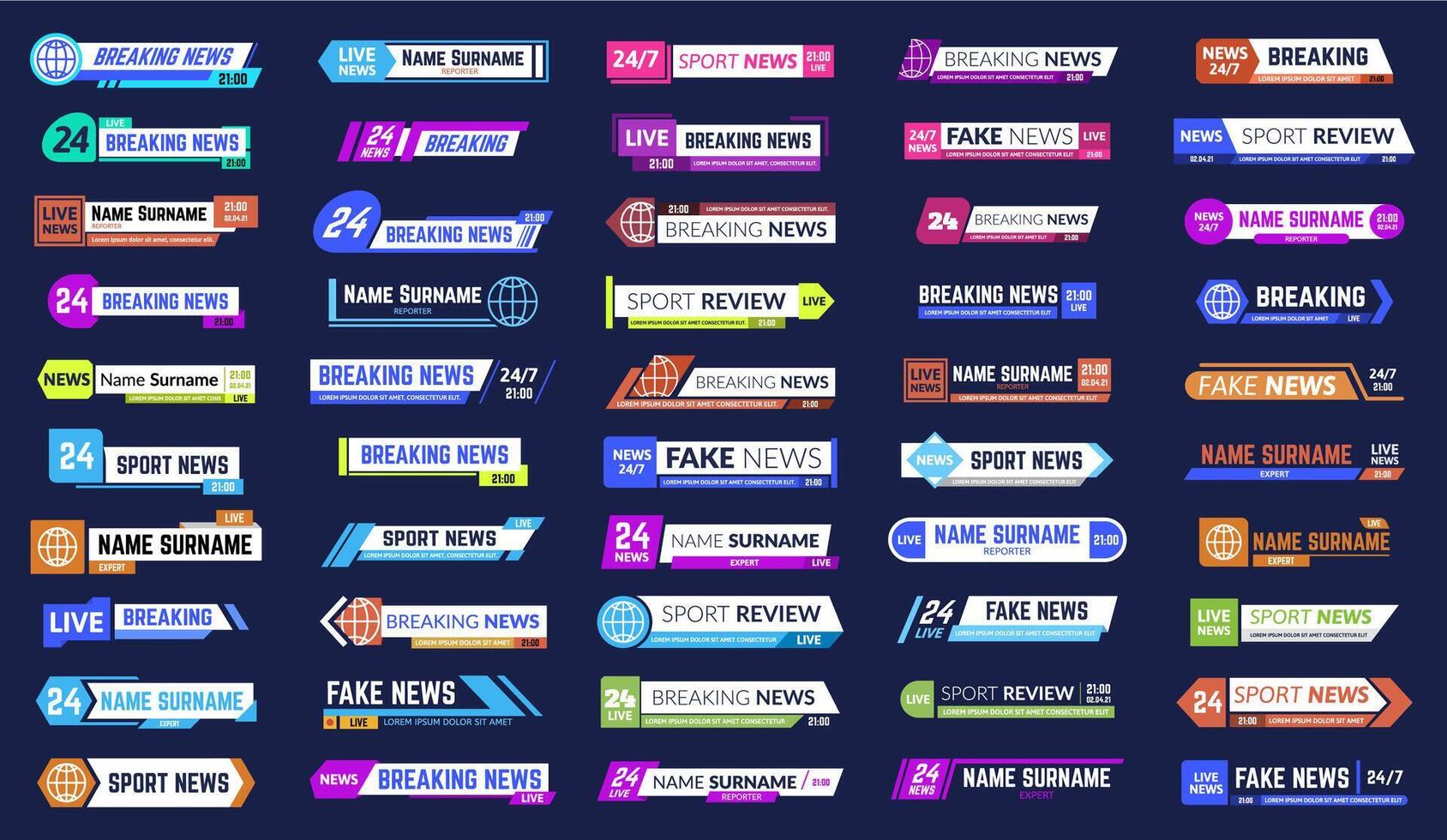 Tv news bars. Breaking news broadcasting third part banners, headline information media screen frames. Television broadcast bar illustration set vector
