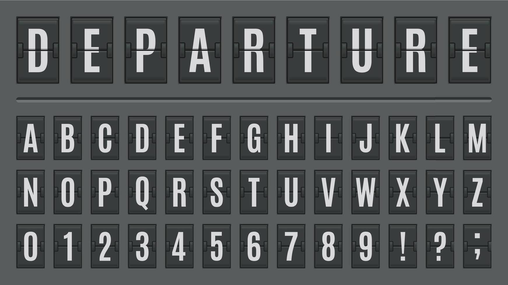Airport flip board alphabet. Scoreboard lettering font, ABC on airport signs or countdown panels. Score board letters and numbers illustration set vector