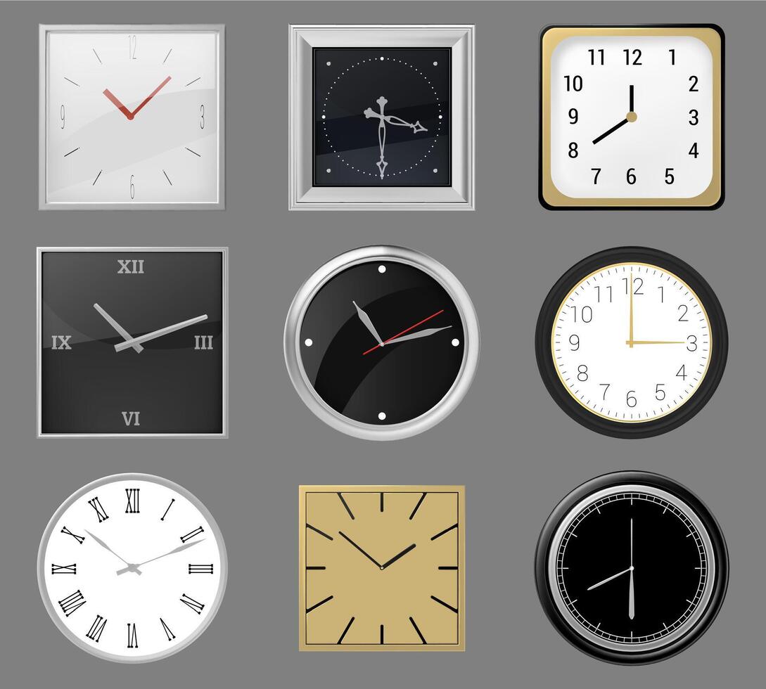 Realistic wall clocks. Round and square clocks face, 3d classic silver, gold wall clocks, analog time watch. Modern wall watches illustration set vector
