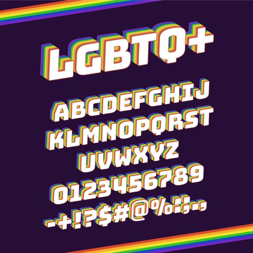 Rainbow lgbtq font. Pride 3d letters and numbers, rainbow artistic vivid lettering type symbols set. Typography striped rainbow font vector