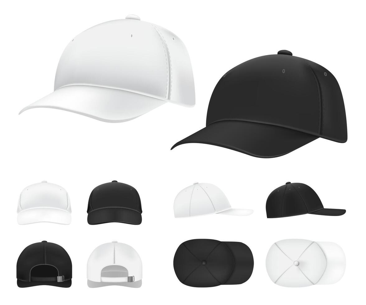Baseball cap. Black and white blank sports uniform headwear in side, front and back view template. Isolated hat mockups vector