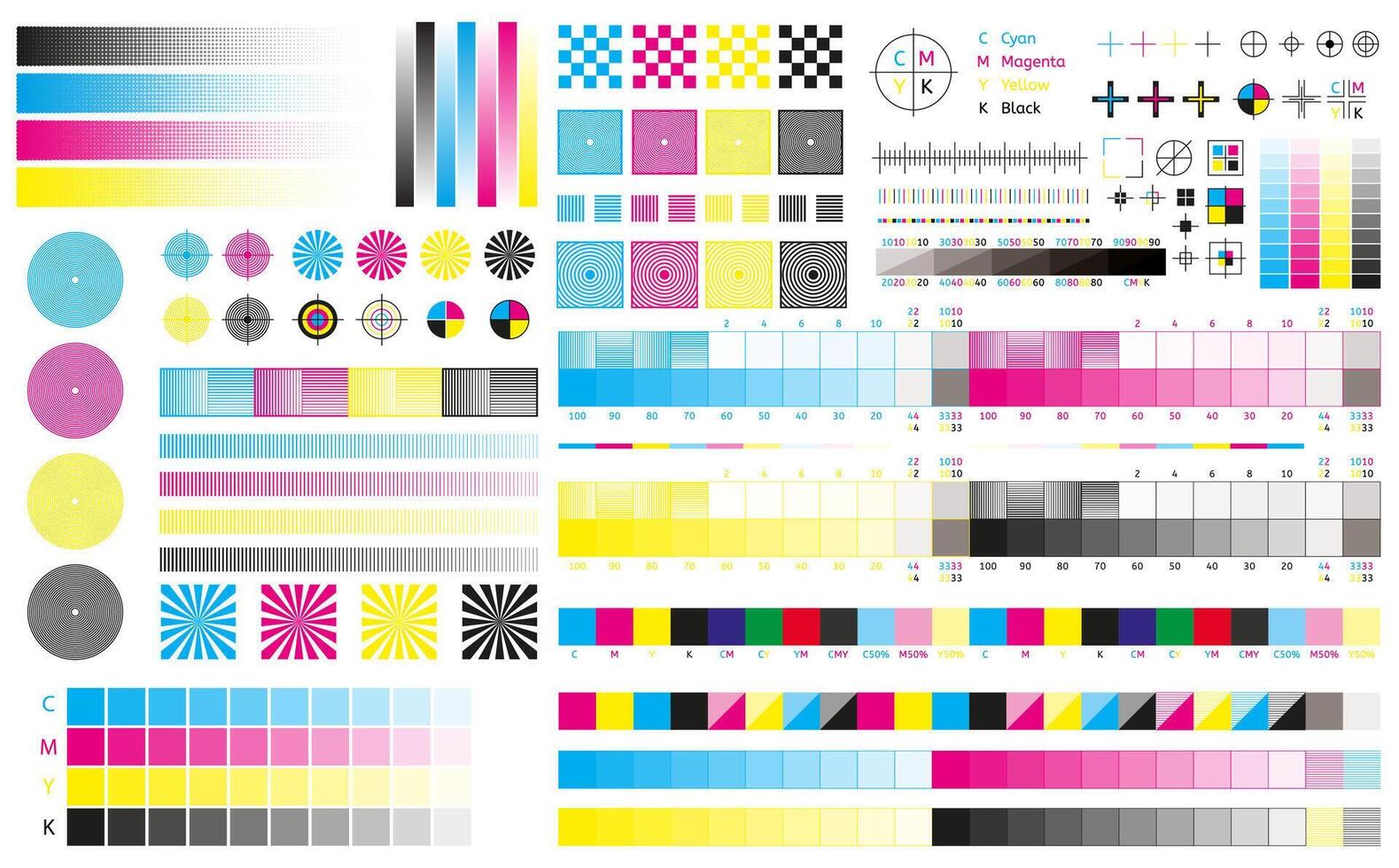 Printing cmyk marks. Offset print calibration marks, gradient color tone, color bars and registration plates. Color printing standard illustration set vector