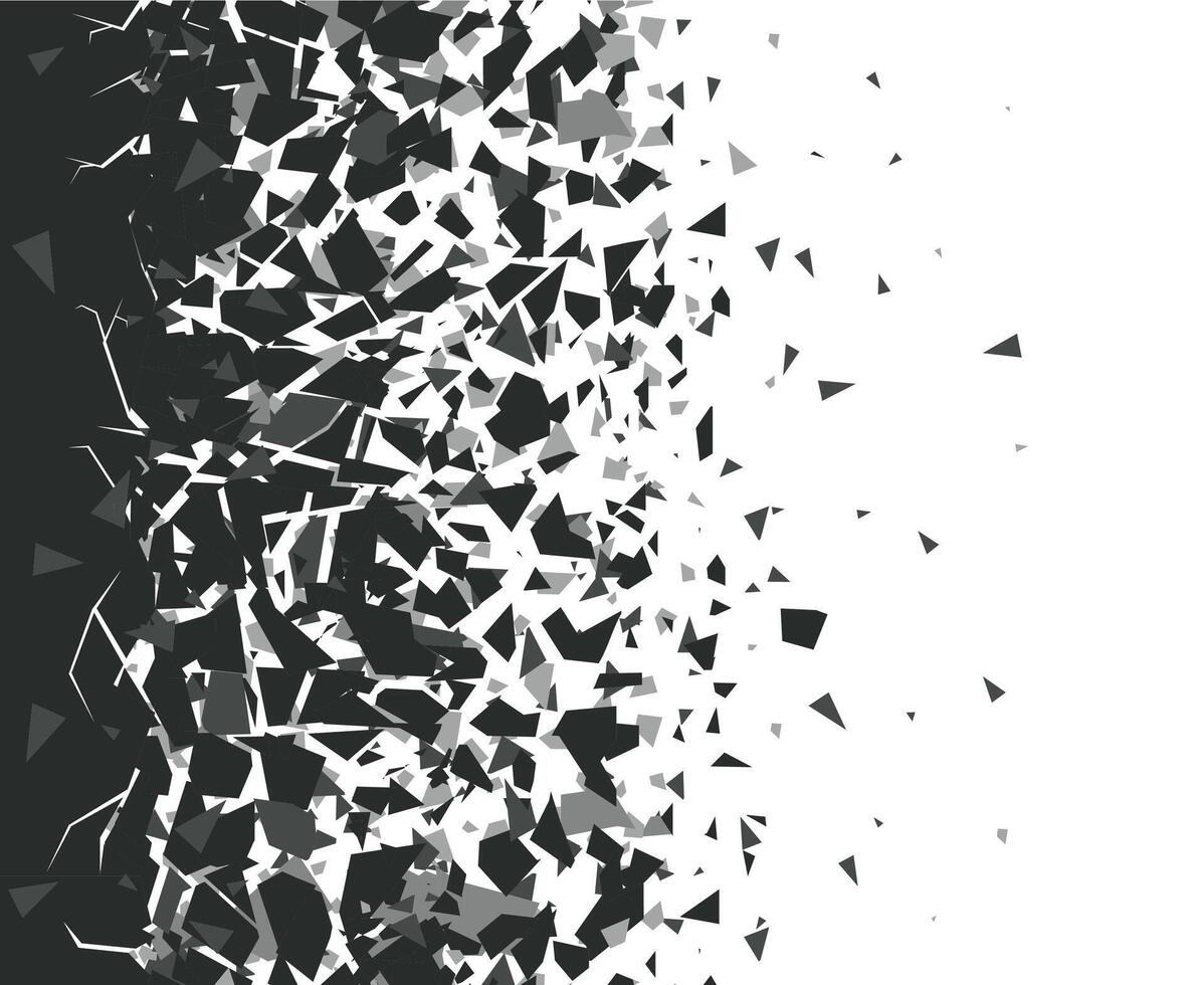 Abstract shatter background. Exploded black pieces scatter, shattered triangles destruction pattern. Broken particles background illustration set vector
