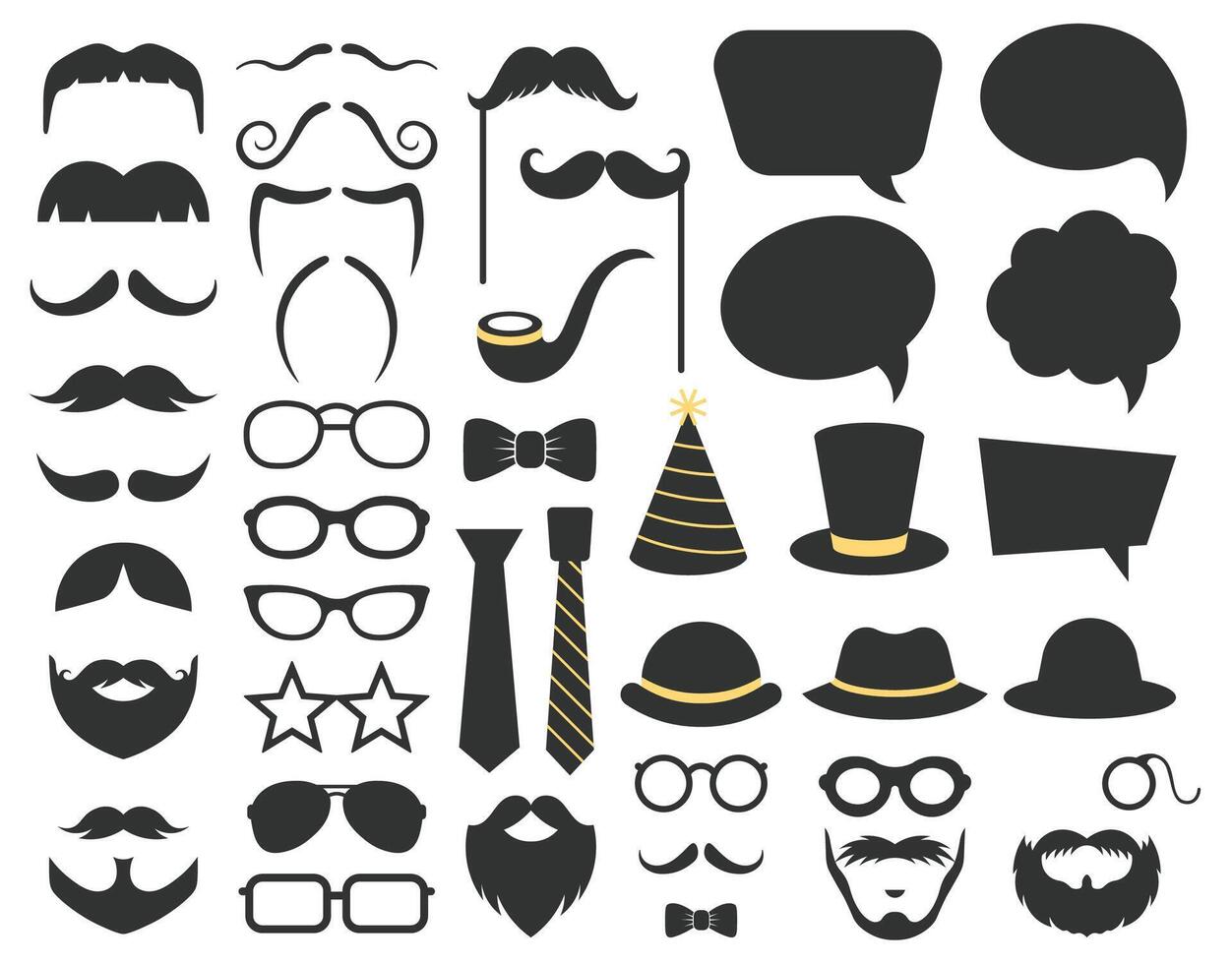 Fathers day photo booth props. Photo booth speech bubble, moustaches, glasses and beard props. Happy fathers day photo props decorations illustration set vector