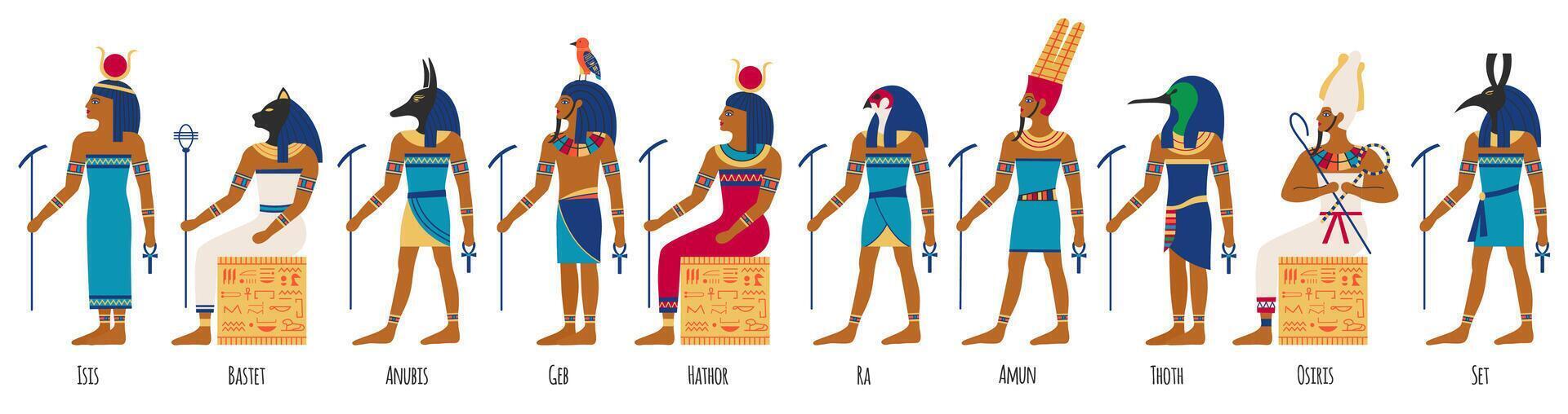 Ancient egyptian gods. Egyptian culture gods, Anubis, Osiris, Isis, Bastet and Amun Ra. Historical egyptian culture characters illustration set vector