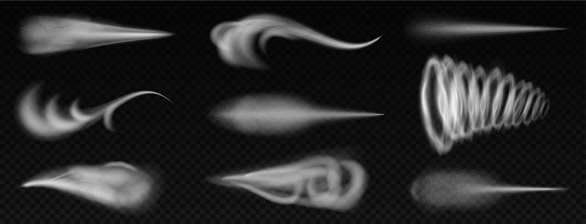 Realistic wind trails. Dust spray and smoky stream and wind blowing trails, smoky stream. Flow curved shapes illustration set vector