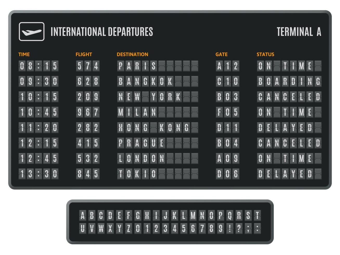 Airport flip board. Departures information scoreboard, flipping arrival countdown. Scoreboard flip airport info display illustration set vector