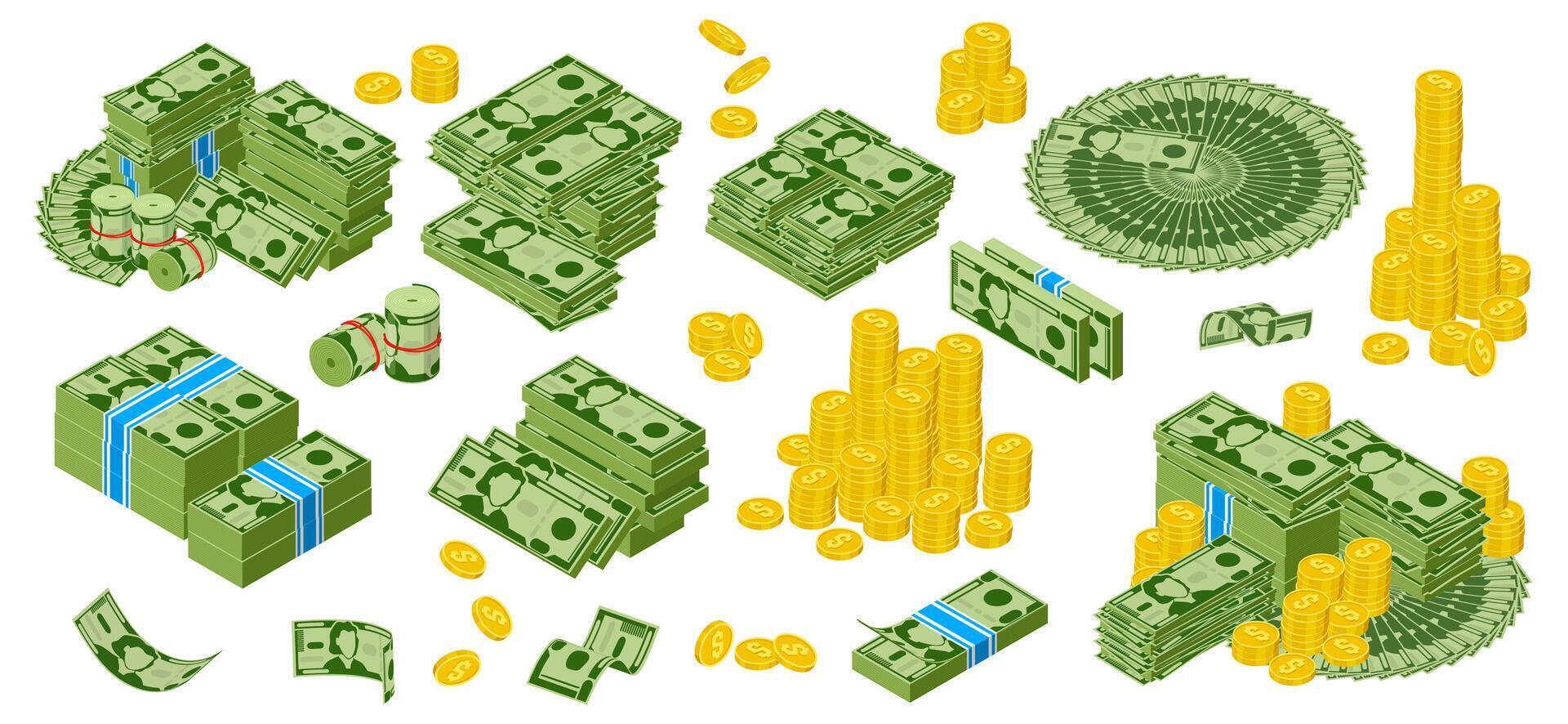 Isomeric dollar cash. Green dollar bills and golden coins piles, bundle of gold dollar coins. Cash money paper banknotes illustration set vector