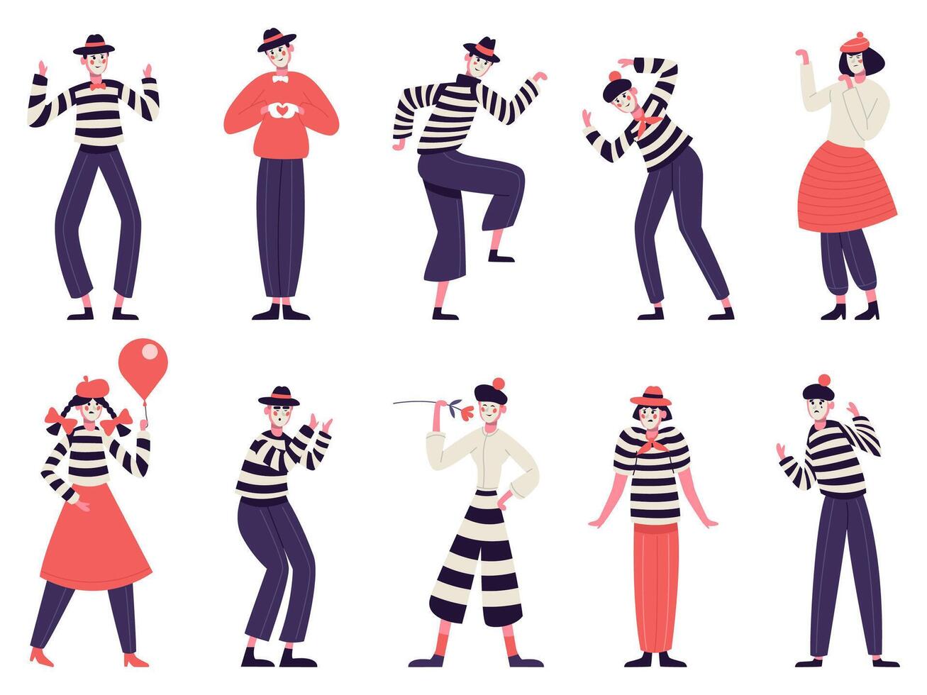 Mimes characters. Silent actors, pantomime and comedy performing, funny mimic poses. Male and female mimes characters illustration set vector