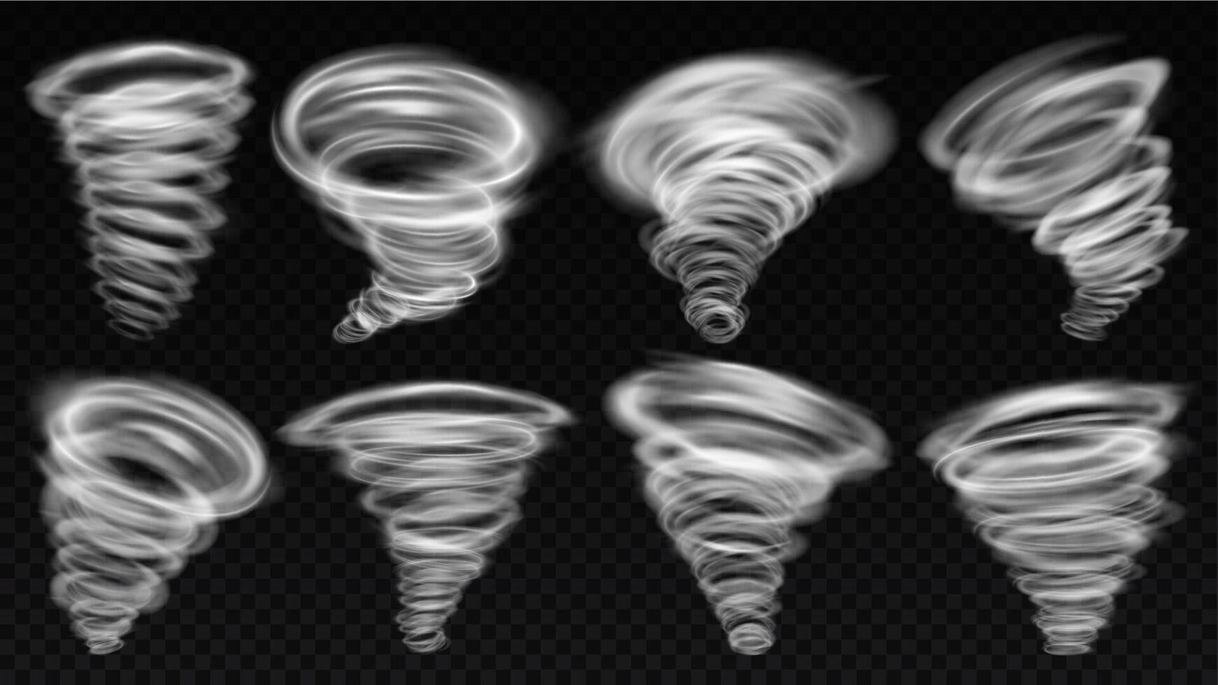 Realistic tornado storm funnel. Wind storm, tornado swirl and round vortex spiral. Whirlwind weather elements illustration set vector