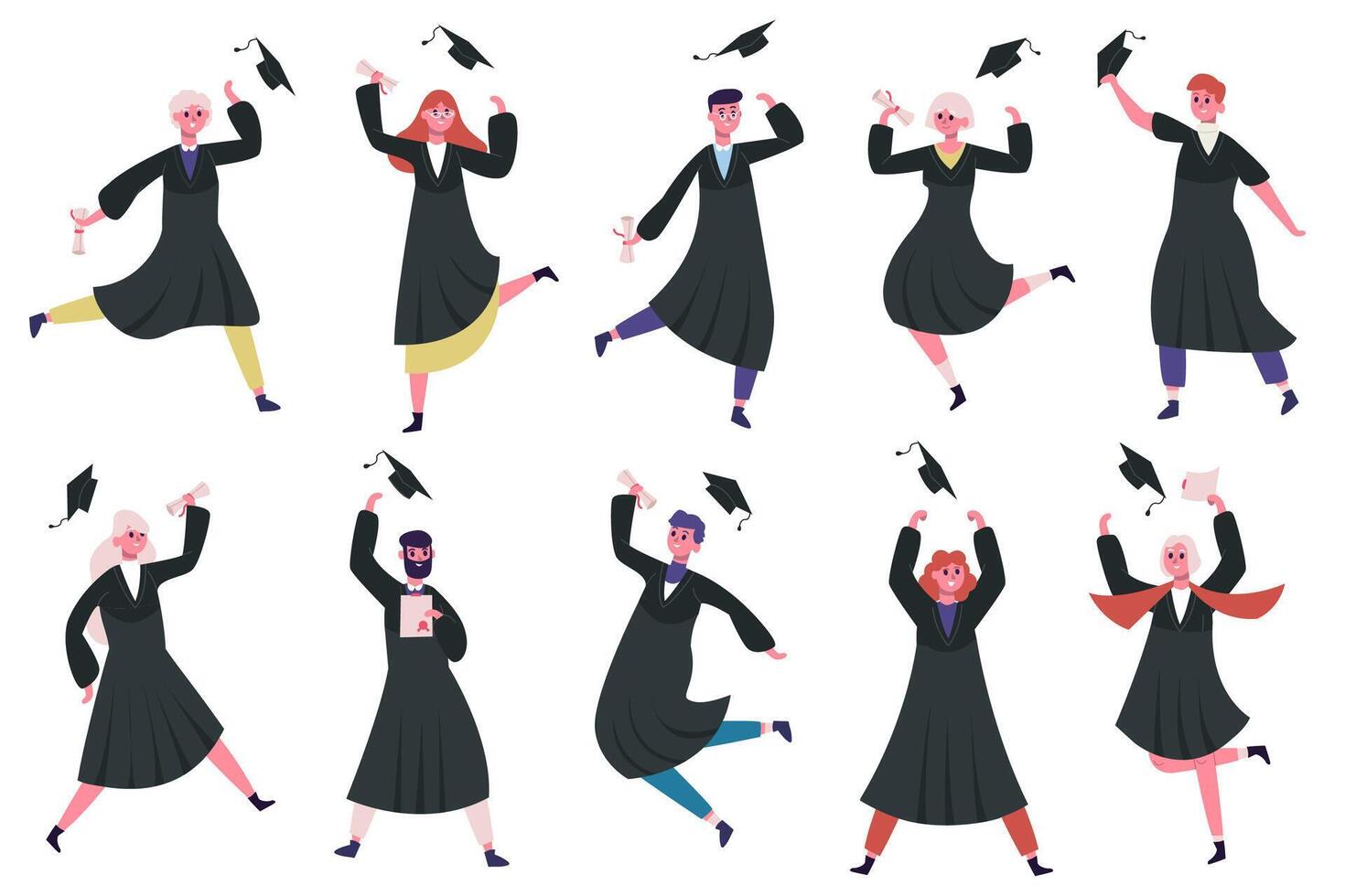 Happy dancing graduates. Group of celebrating university or college graduates. Jumping and dancing graduating students illustration set vector