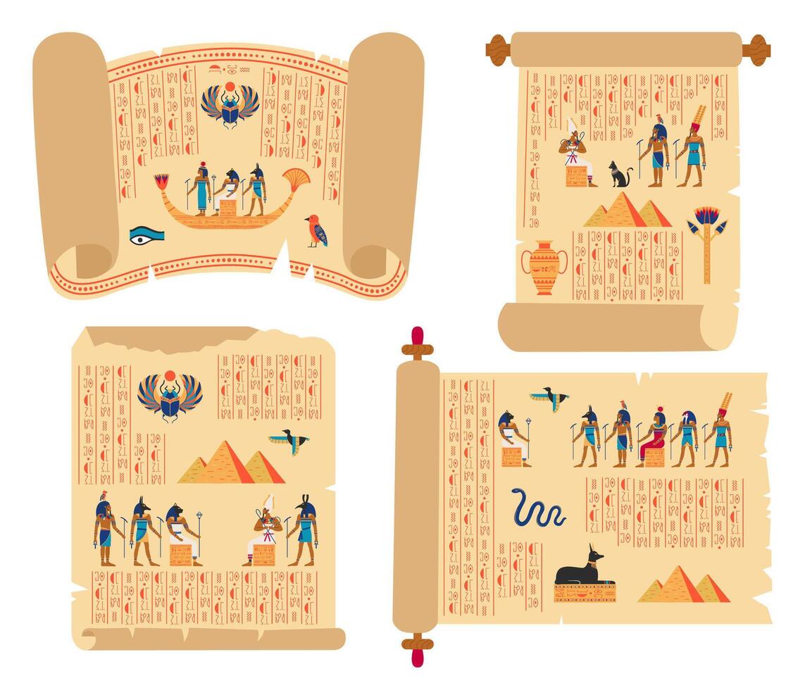 Egyptian papyrus scrolls. Ancient egypt papyrus with gods, hieroglyphics and pyramids illustration set. Historical ancient egyptian manuscripts vector