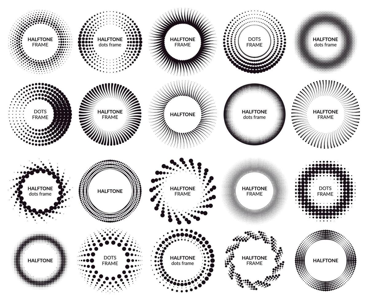 Circle dotted frames. Gradient halftone dots pattern shapes, dot spray gradation halftone frames. Halftone dotted labels illustration set vector