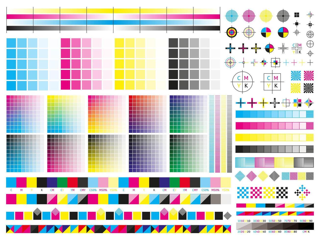 Color cmyk management elements. Offset print registration plates, gradient, cmyk color mixing panel. Printing control marks illustration set vector