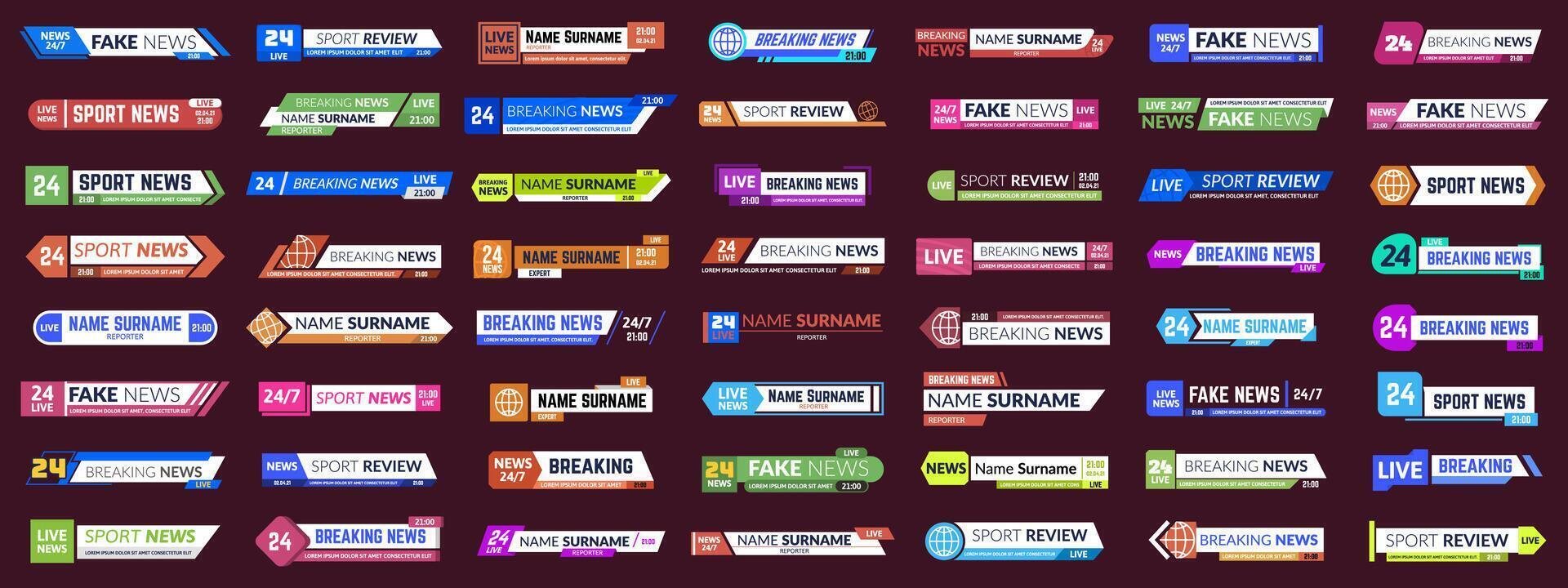 Lower third tv news bars. Television headline breaking news banners, online broadcasting show. Tv media news title banner illustration set vector