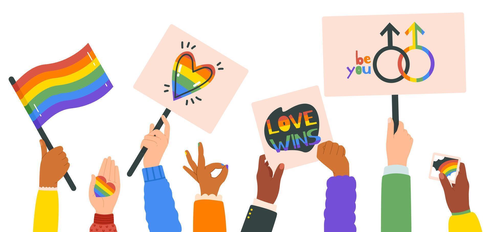 Hands holding lgbt posters. People crowd with rainbow flag, gender signs and hearts, lgbtq community, pride month. Gay parade placards illustration set vector