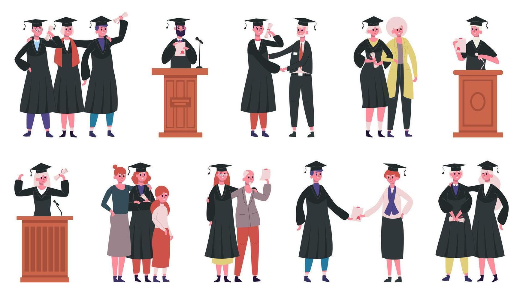 Happy graduate students. College graduates at diploma certificate ceremony, on tribune, celebrating with friends and families illustration set vector