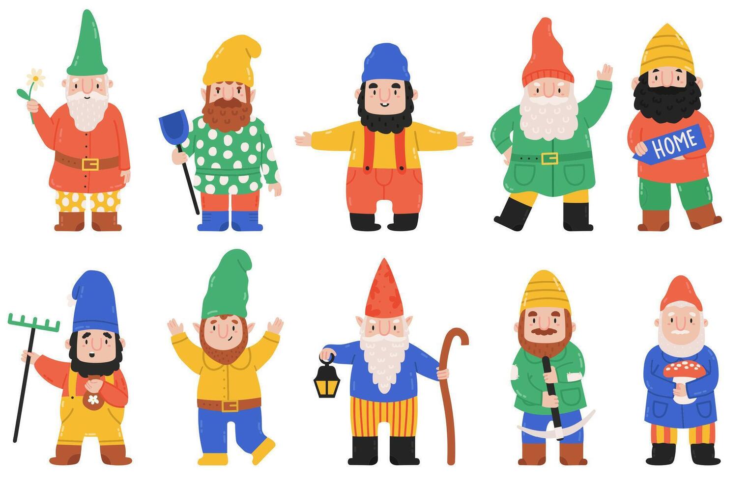 Cute garden gnomes. Dwarf characters with lantern, flowers and mushroom, fairy tale mascots. Funny garden bearded dwarfs illustration set vector